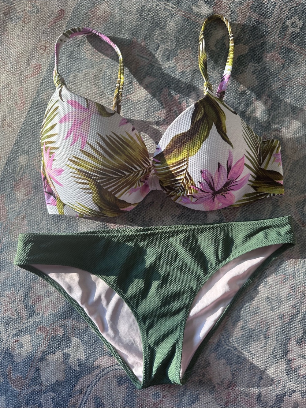 Shade & Shore Pink and Olive Floral Bra-Style Bikini Size 36 C &  M NWOT